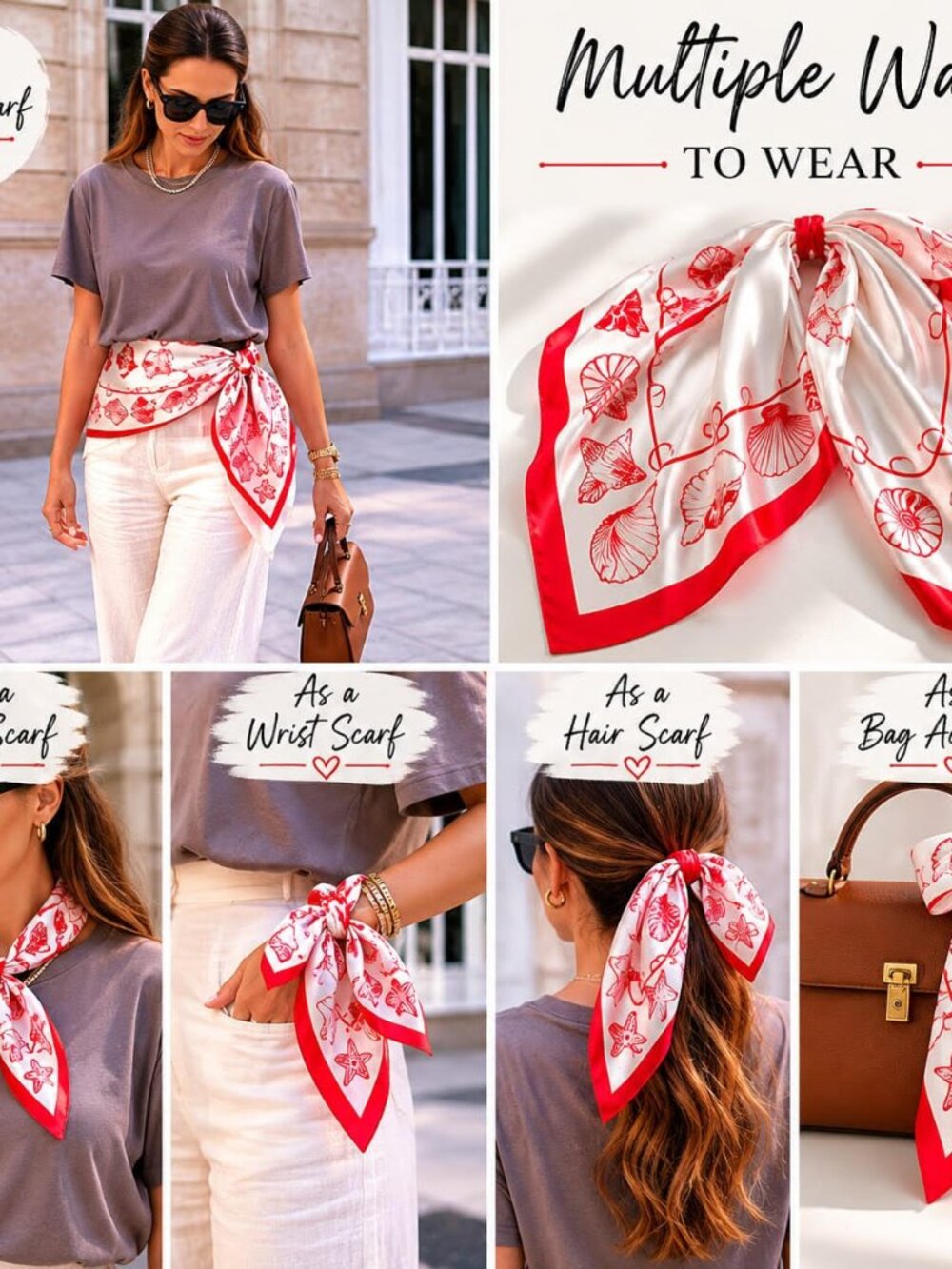 NEW!!! SEASHELL PRINT MULTI-USE SCARF - SOFT POLYESTER, SATIN  LOOK